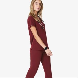 Figs Scrubs Top & Jogger Pants - Burgundy